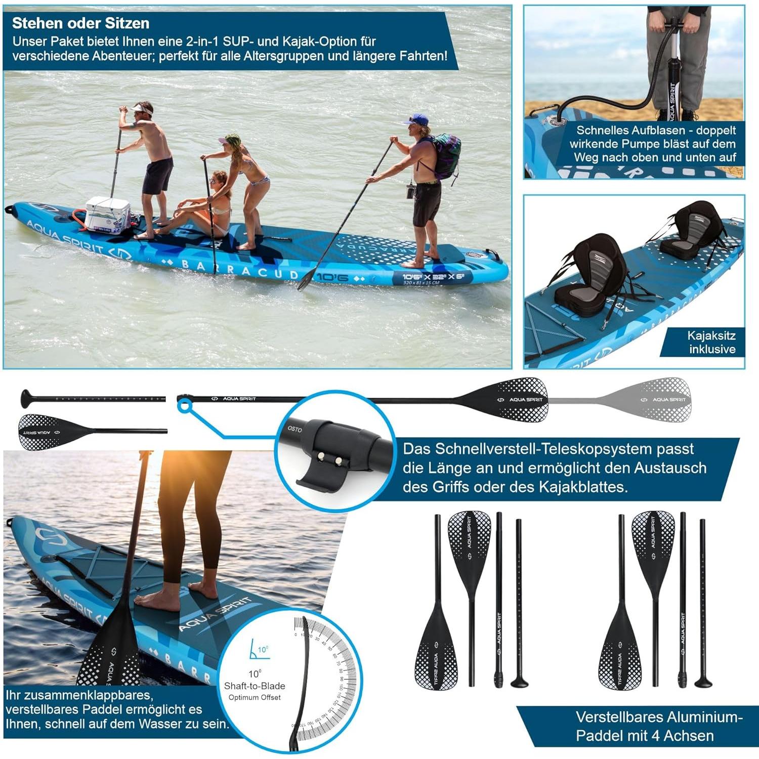 Aqua Spirit Planche de Stand Up Paddle Gonflable SUP Barracuda Kayak - 320x79x15cm/457x91x15cm - Adultes Débutants/Experts | Limite de 150 kg - siège, pagaie, pale de kayak, pompe, sac Garantie 2 ans