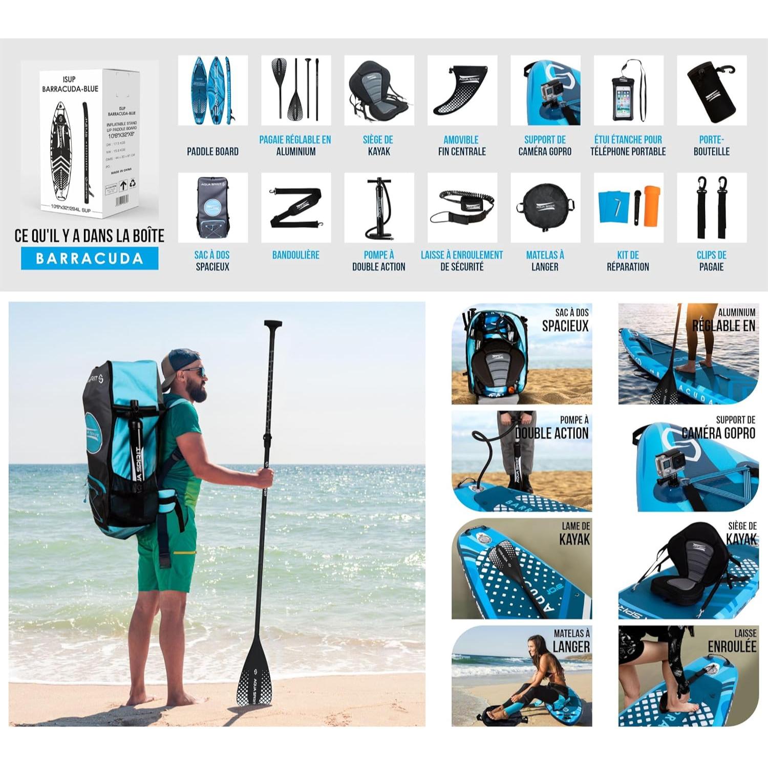 Aqua Spirit Sup Planche à pagaie Gonflable Stand Up, Kit Complet de Conversion de Kayak avec pagaie, Sac à Dos, Pompe et Autres Accessoires