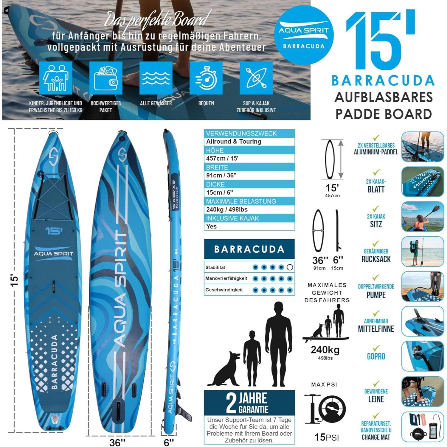 Aqua Spirit Planche de Stand Up Paddle Gonflable SUP Barracuda Kayak - 320x79x15cm/457x91x15cm - Adultes Débutants/Experts | Limite de 150 kg - siège, pagaie, pale de kayak, pompe, sac Garantie 2 ans