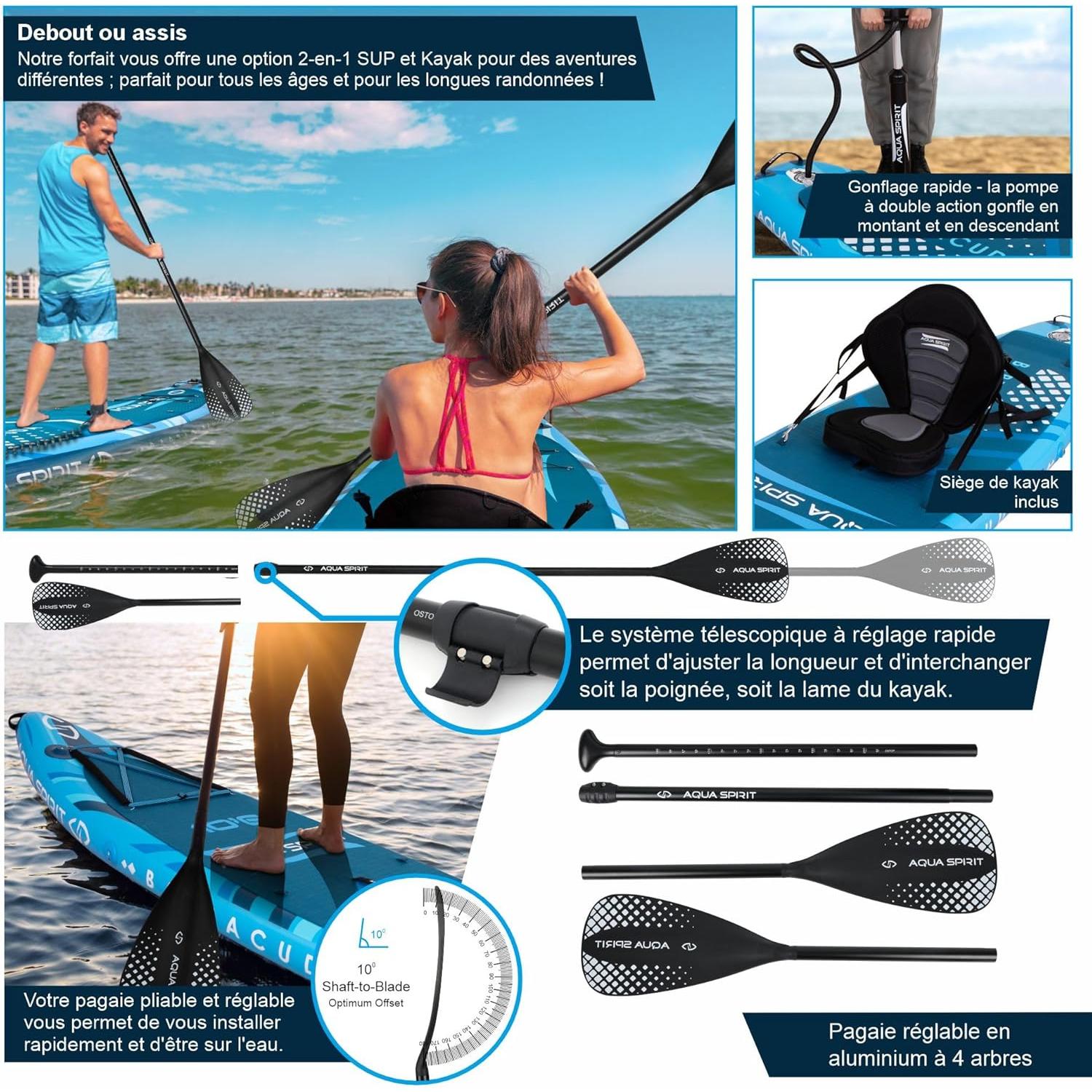 Aqua Spirit Sup Planche à pagaie Gonflable Stand Up, Kit Complet de Conversion de Kayak avec pagaie, Sac à Dos, Pompe et Autres Accessoires