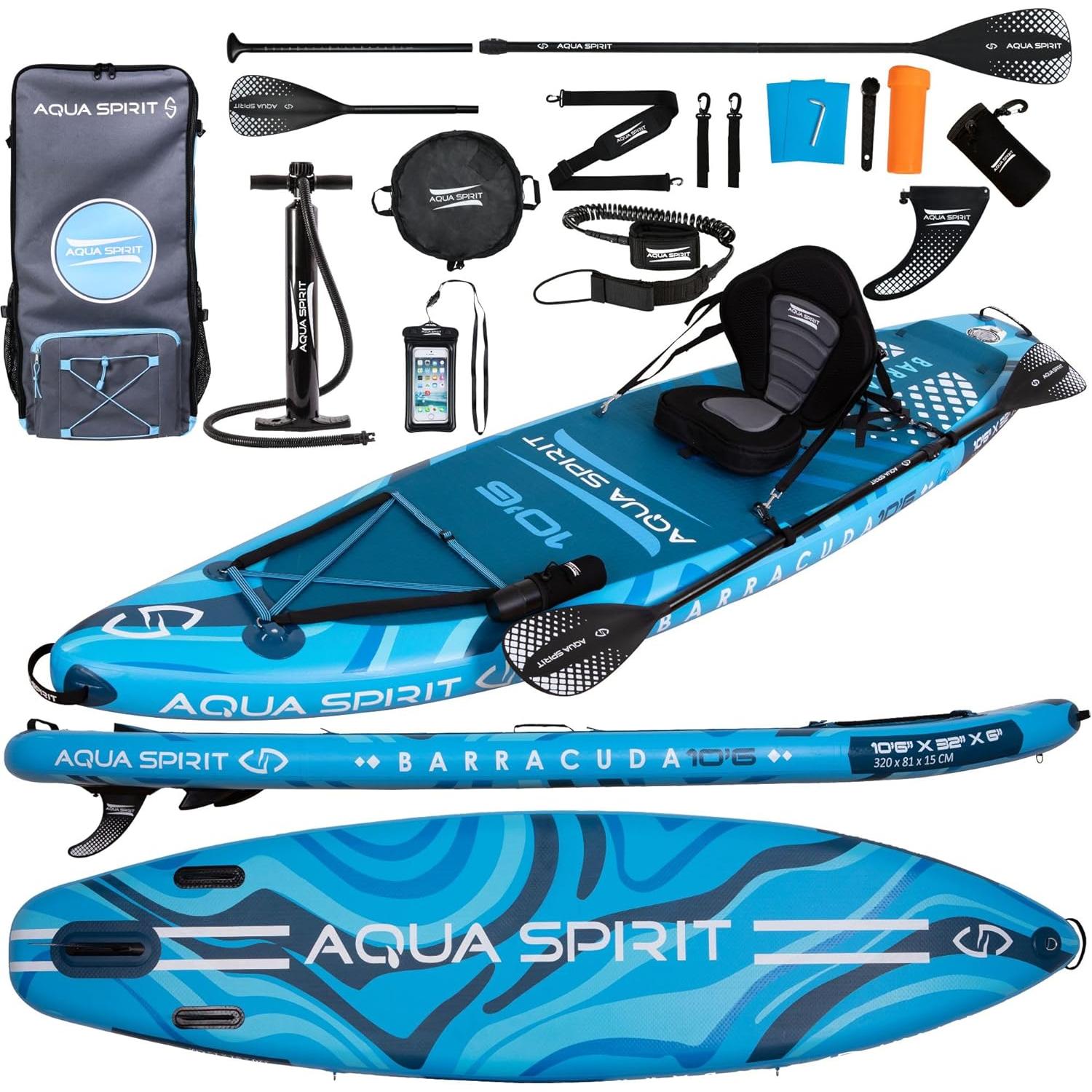 Aqua Spirit Sup Planche à pagaie Gonflable Stand Up, Kit Complet de Conversion de Kayak avec pagaie, Sac à Dos, Pompe et Autres Accessoires