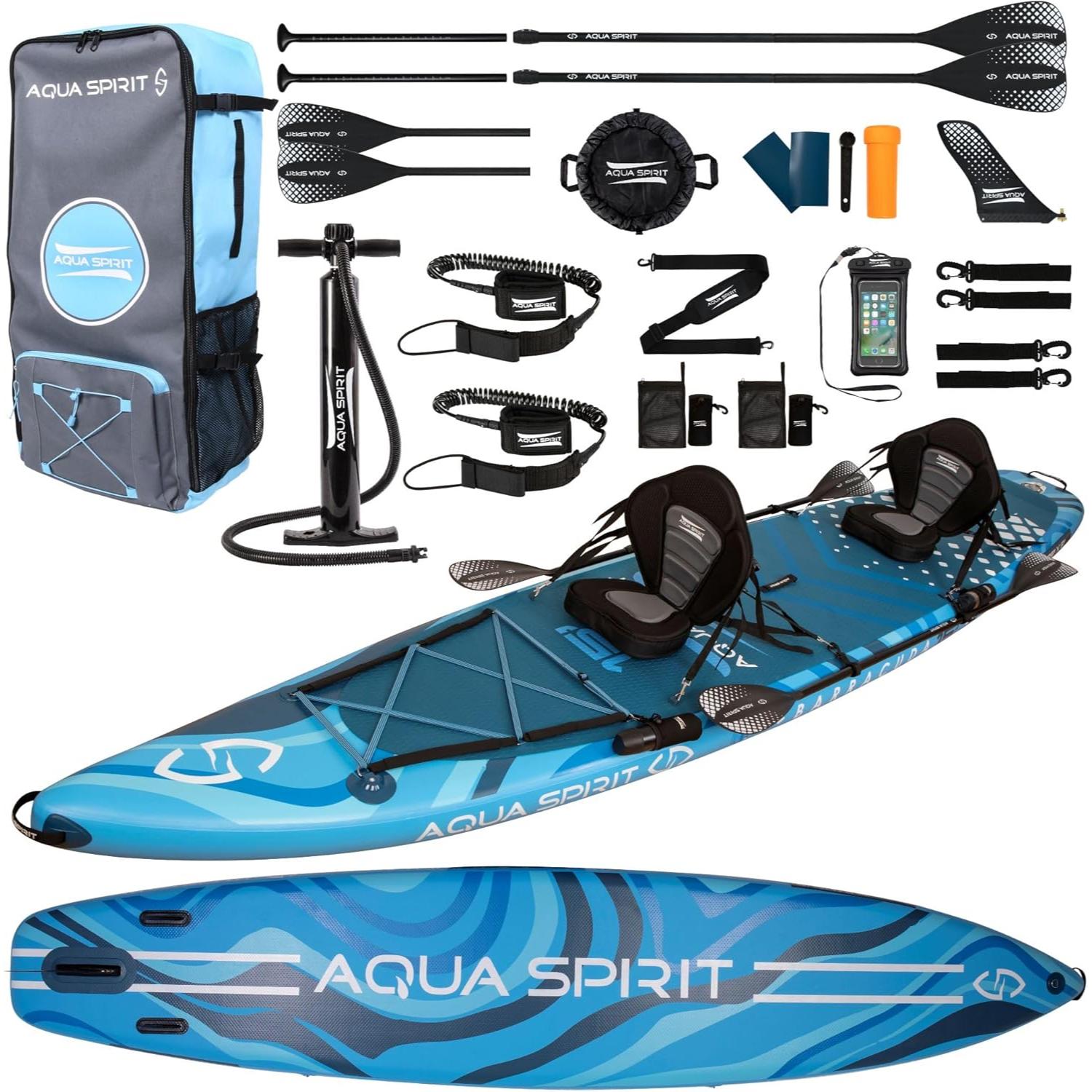 Aqua Spirit Planche de Stand Up Paddle Gonflable SUP Barracuda Kayak - 320x79x15cm/457x91x15cm - Adultes Débutants/Experts | Limite de 150 kg - siège, pagaie, pale de kayak, pompe, sac Garantie 2 ans