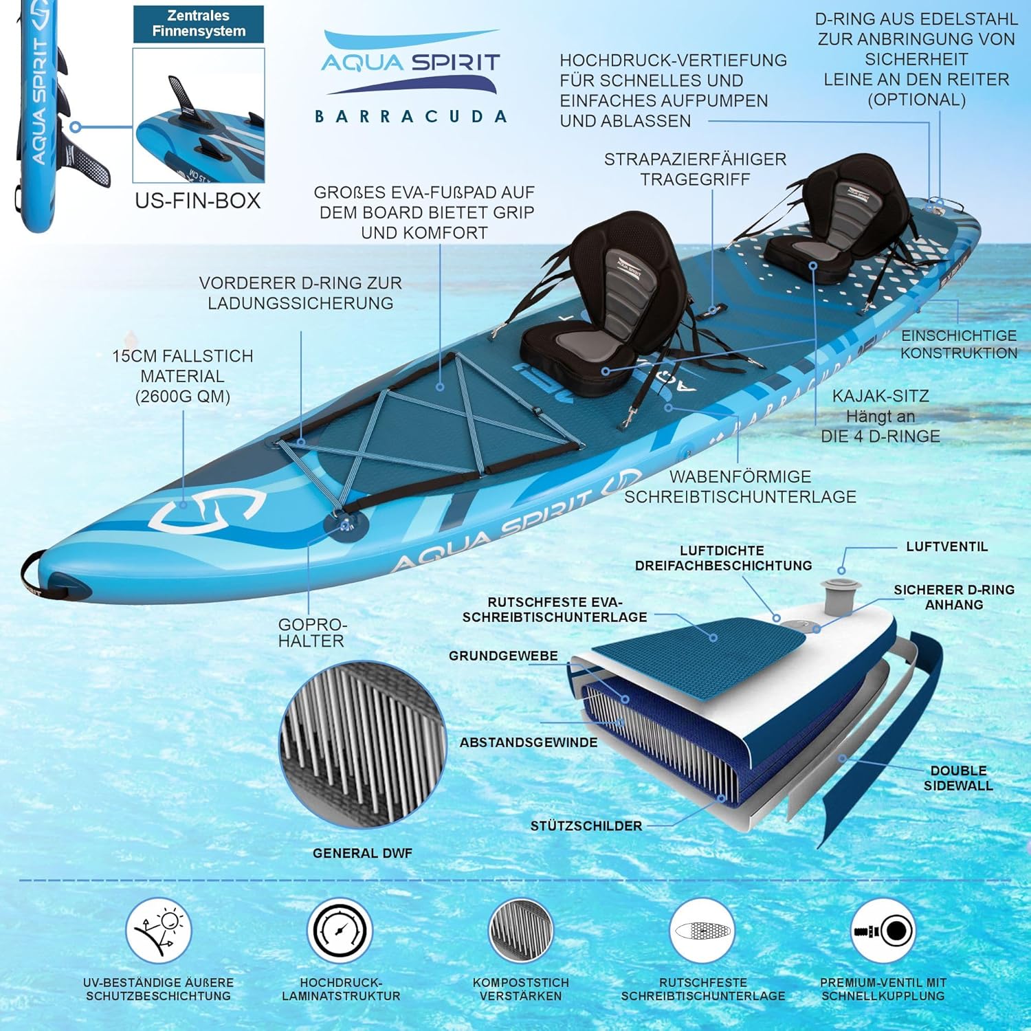 Aqua Spirit Planche de Stand Up Paddle Gonflable SUP Barracuda Kayak - 320x79x15cm/457x91x15cm - Adultes Débutants/Experts | Limite de 150 kg - siège, pagaie, pale de kayak, pompe, sac Garantie 2 ans