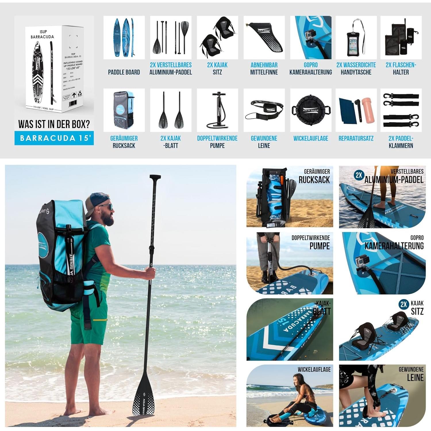 Aqua Spirit Planche de Stand Up Paddle Gonflable SUP Barracuda Kayak - 320x79x15cm/457x91x15cm - Adultes Débutants/Experts | Limite de 150 kg - siège, pagaie, pale de kayak, pompe, sac Garantie 2 ans