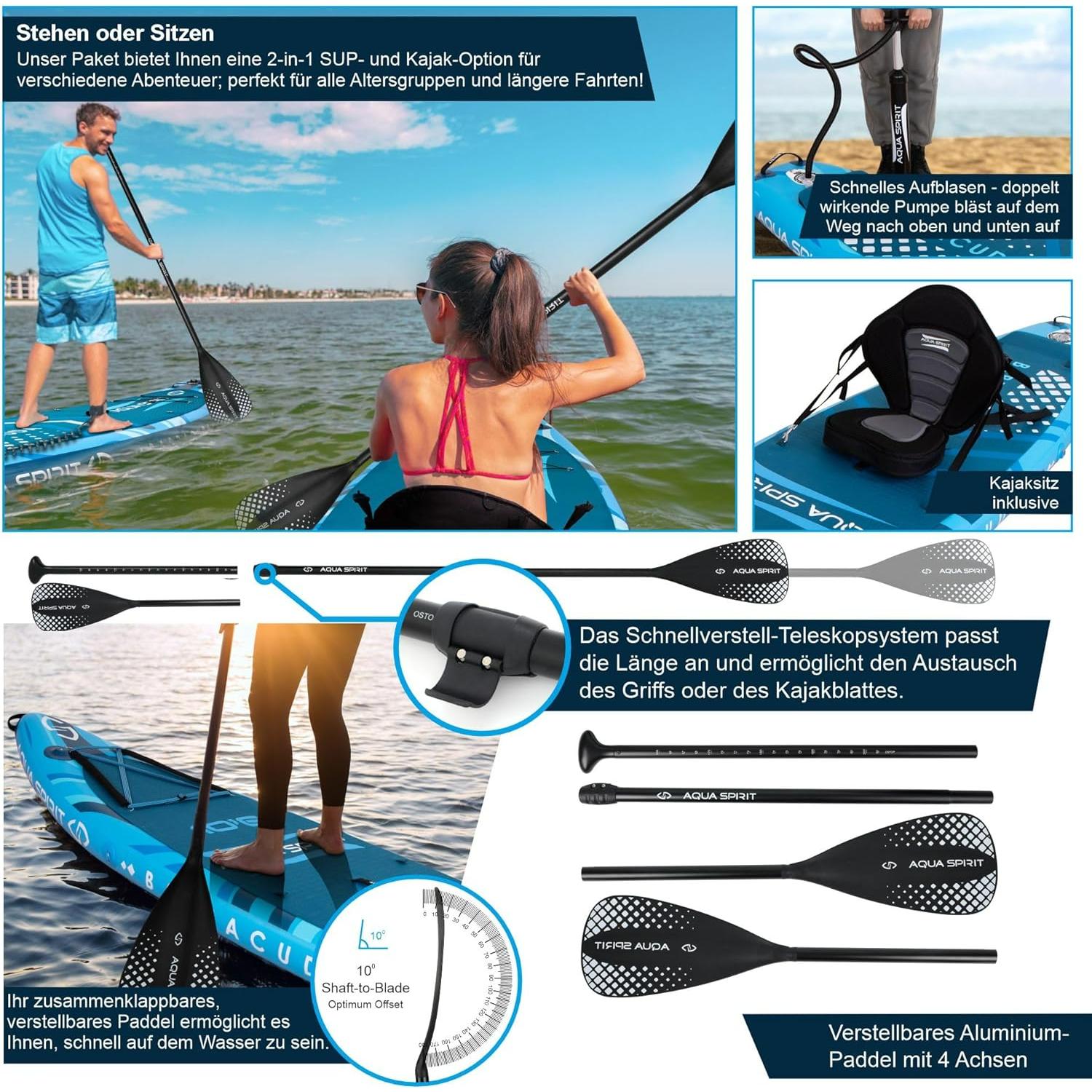 Aqua Spirit SUP Stand-Up Paddle Gonflable 2024, 320x81x15cm, Kit Complet de Conversion de Kayak avec Pagaie, Sac à Dos, Pompe et Autres Accessoires, Adultes Débutants/Experts, Garantie 3 Ans