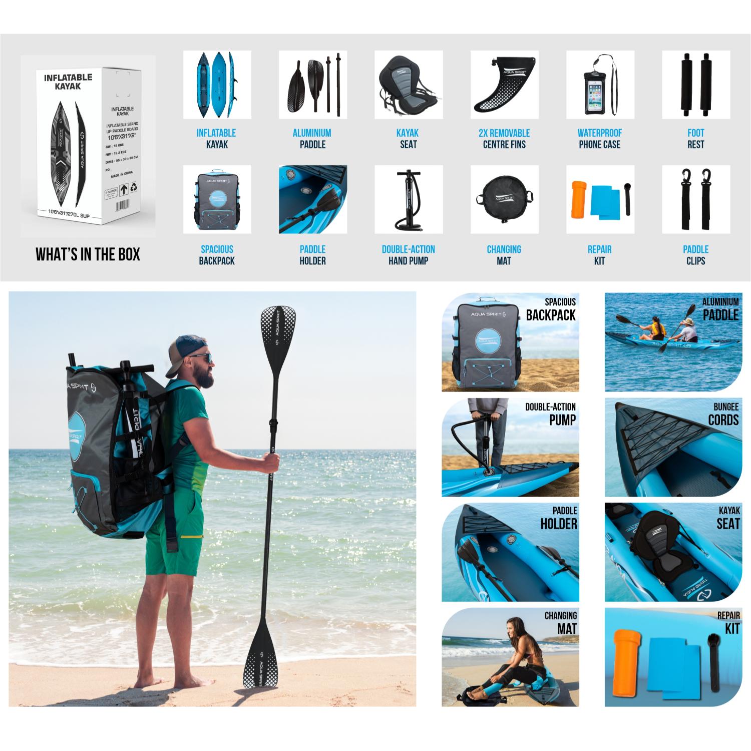 Aqua Spirit Kayak gonflable 2023, 10'5"/13'5"/, ensemble complet de kayak pour 1 ou 2 personnes avec pagaie, sac à dos, pompe double course et plus d'accessoires, adultes débutants, experts, garantie 3 ans