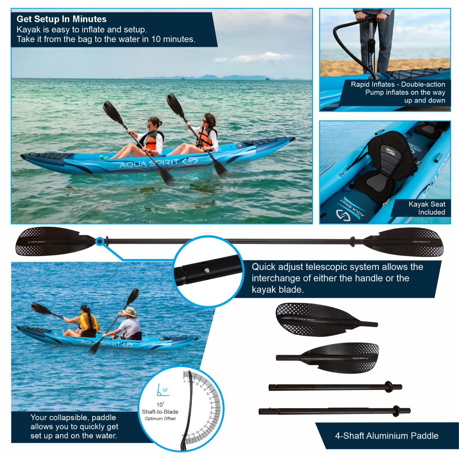 Aqua Spirit Kayak gonflable 2023, 10'5"/13'5"/, ensemble complet de kayak pour 1 ou 2 personnes avec pagaie, sac à dos, pompe double course et plus d'accessoires, adultes débutants, experts, garantie 3 ans