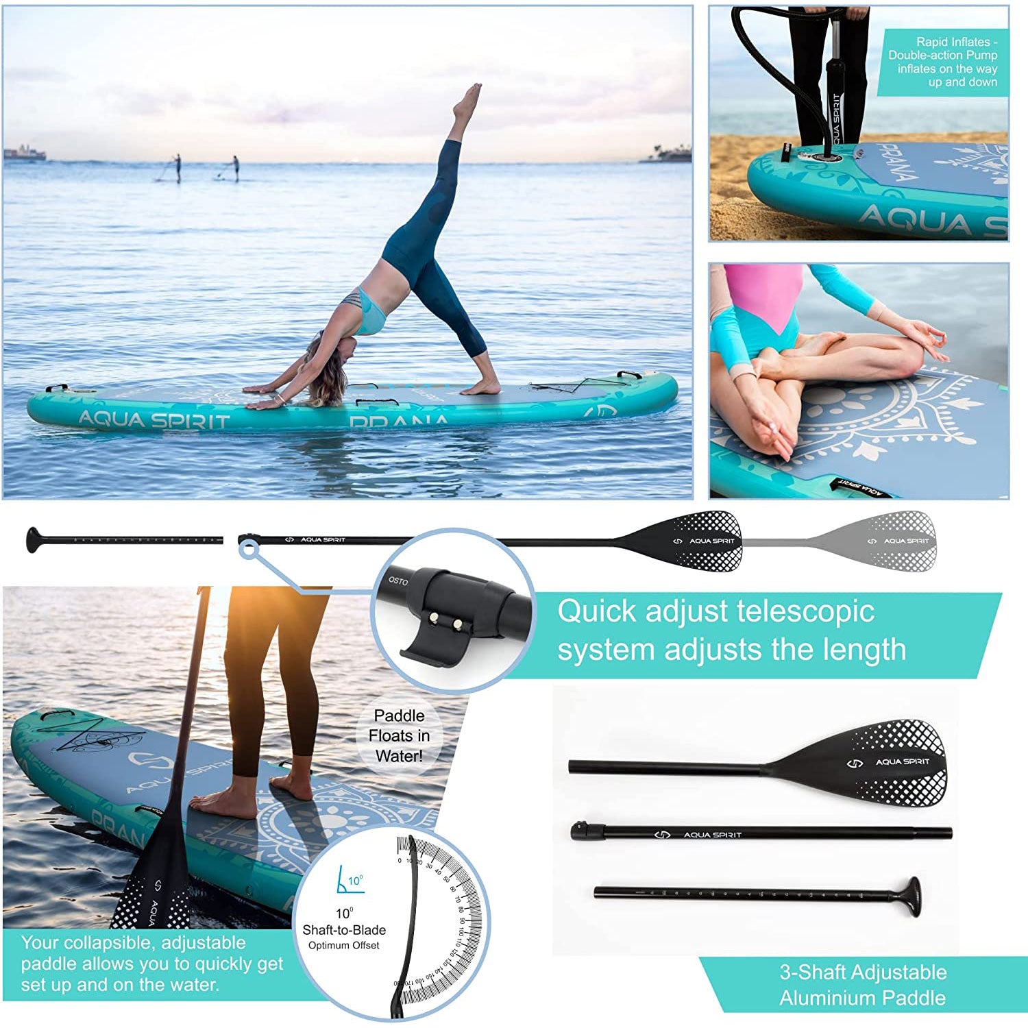 Aqua Spirit Prana Kit de planche de stand up paddle gonflable pour yoga, eau, fitness, pagaie et sac à dos en aluminium, tapis à langer, pompe, laisse, support pour GoPro et 3 ans de garantie, 3 m