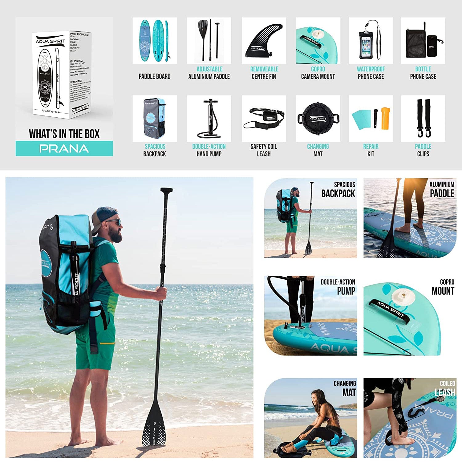 Aqua Spirit Prana Kit de planche de stand up paddle gonflable pour yoga, eau, fitness, pagaie et sac à dos en aluminium, tapis à langer, pompe, laisse, support pour GoPro et 3 ans de garantie, 3 m
