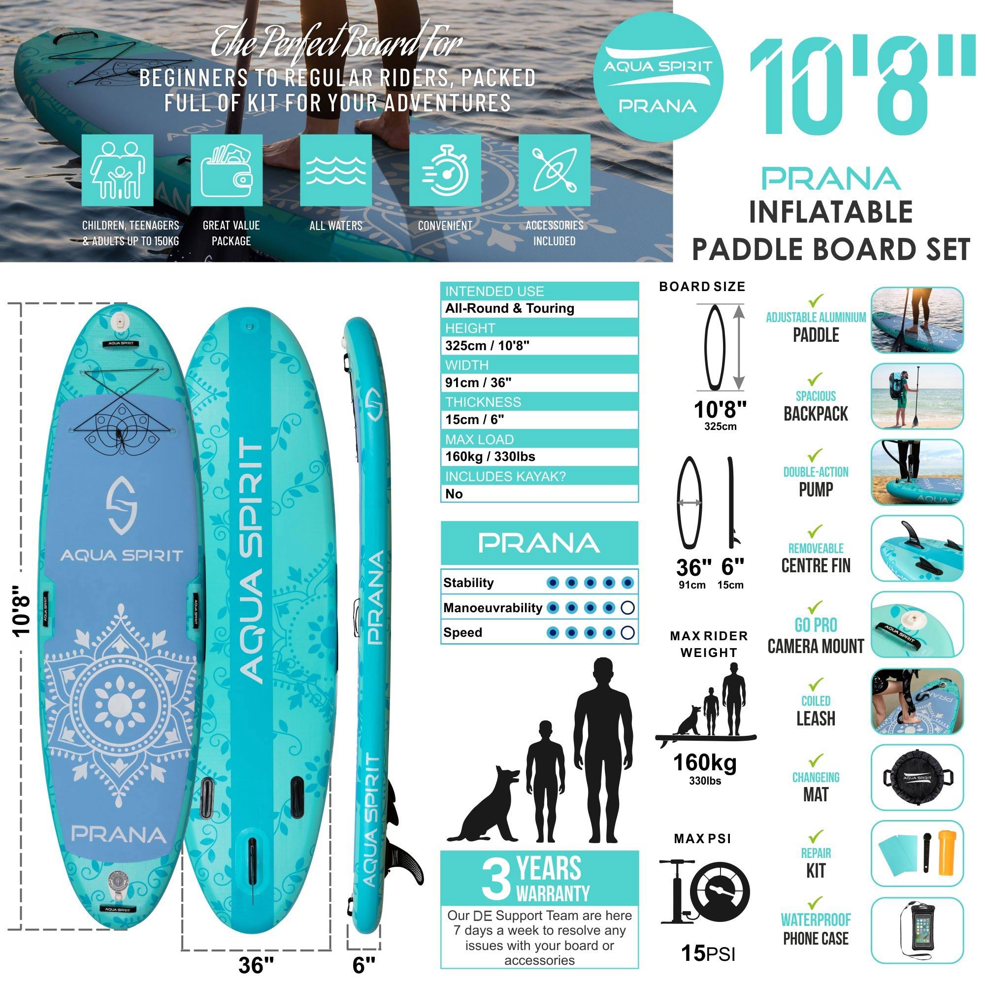 Aqua Spirit Prana Kit de planche de stand up paddle gonflable pour yoga, eau, fitness, pagaie et sac à dos en aluminium, tapis à langer, pompe, laisse, support pour GoPro et 3 ans de garantie, 3 m