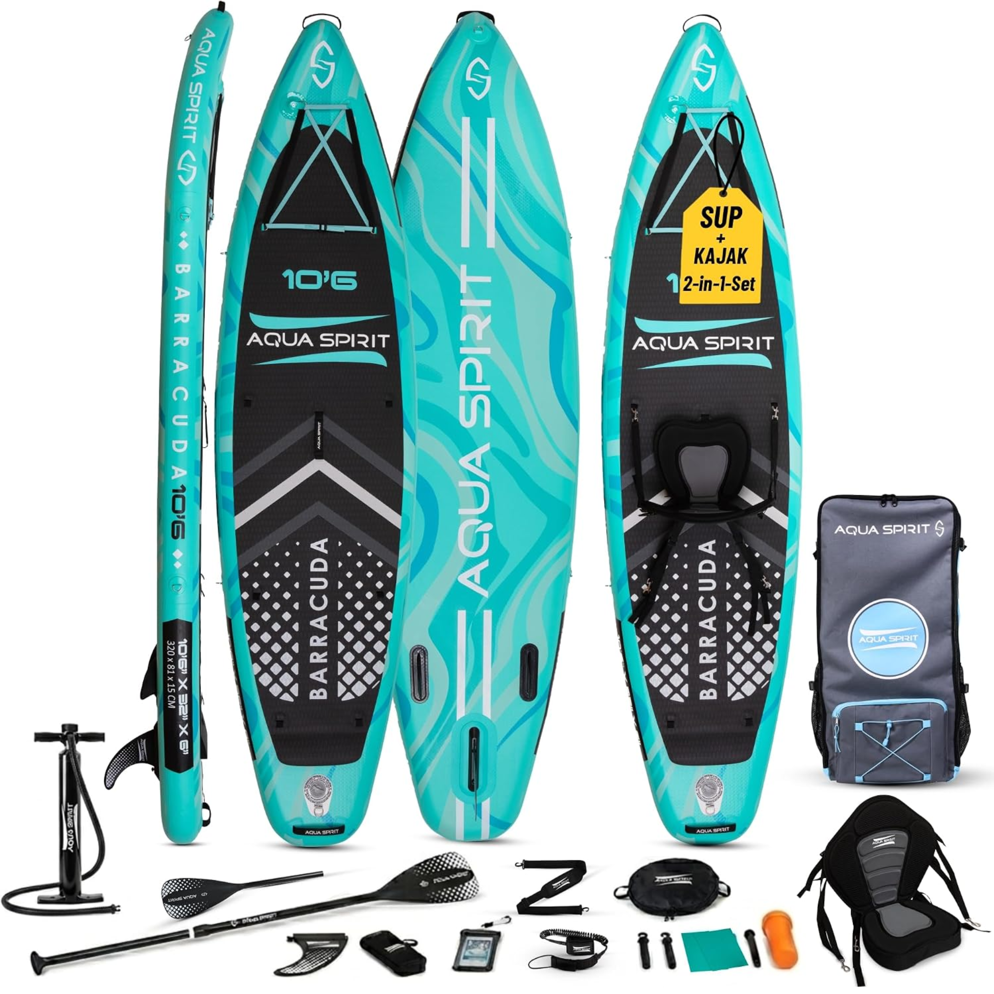 Aqua Spirit SUP Stand-Up Paddle Gonflable 2024, 320x81x15cm, Kit Complet de Conversion de Kayak avec Pagaie, Sac à Dos, Pompe et Autres Accessoires, Adultes Débutants/Experts, Garantie 3 Ans