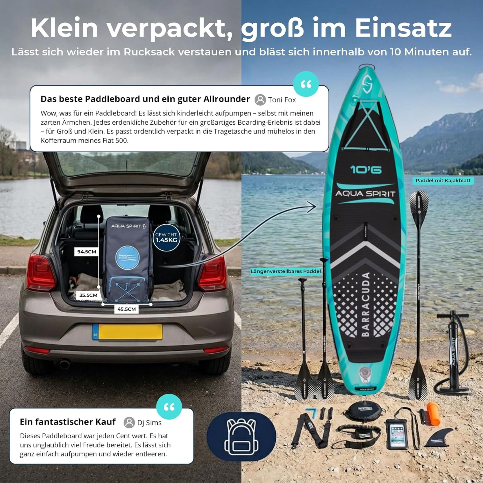 Aqua Spirit SUP Stand-Up Paddle Gonflable 2024, 320x81x15cm, Kit Complet de Conversion de Kayak avec Pagaie, Sac à Dos, Pompe et Autres Accessoires, Adultes Débutants/Experts, Garantie 3 Ans