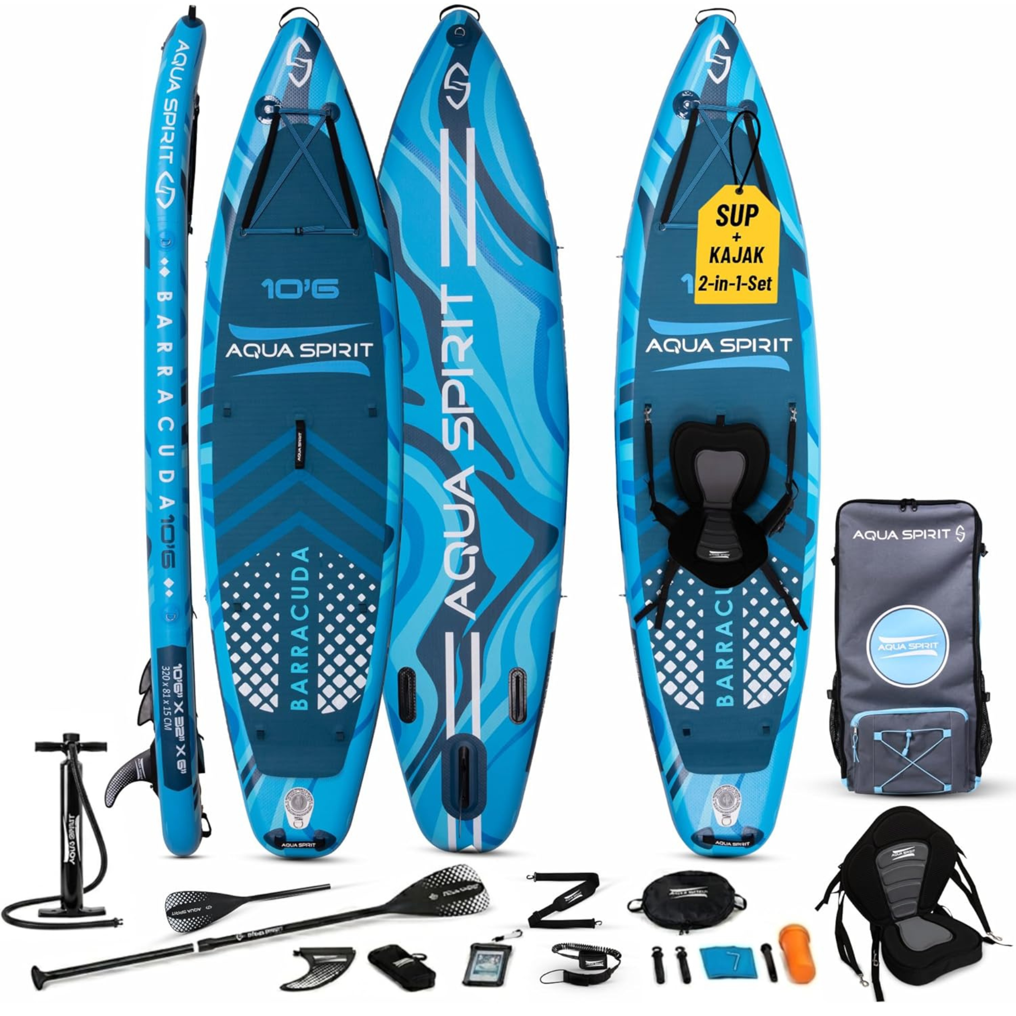 Aqua Spirit SUP Stand-Up Paddle Gonflable 2024, 320x81x15cm, Kit Complet de Conversion de Kayak avec Pagaie, Sac à Dos, Pompe et Autres Accessoires, Adultes Débutants/Experts, Garantie 3 Ans